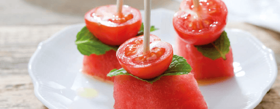 Playful snack skewers with watermelon and cherry tomatoes